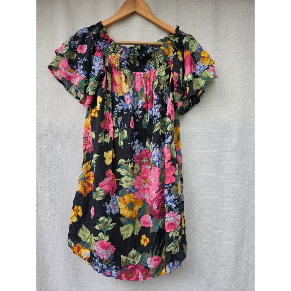 Allihop Anthropologie Floral Dress Womens M Black Rayon Smocked Boho Cottagecore